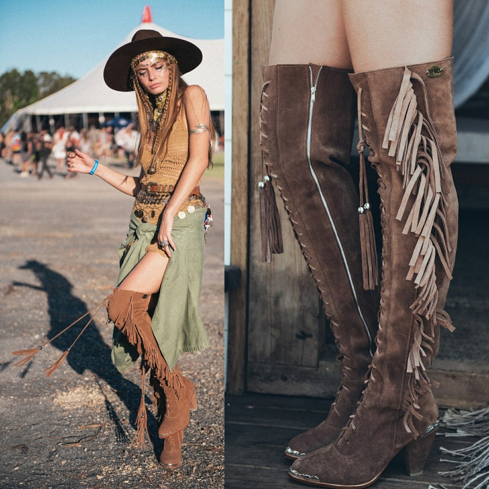 New Mimi Boots 38 Brown Suede Leather Spell Gypsy Thigh High Witch Over The Knee